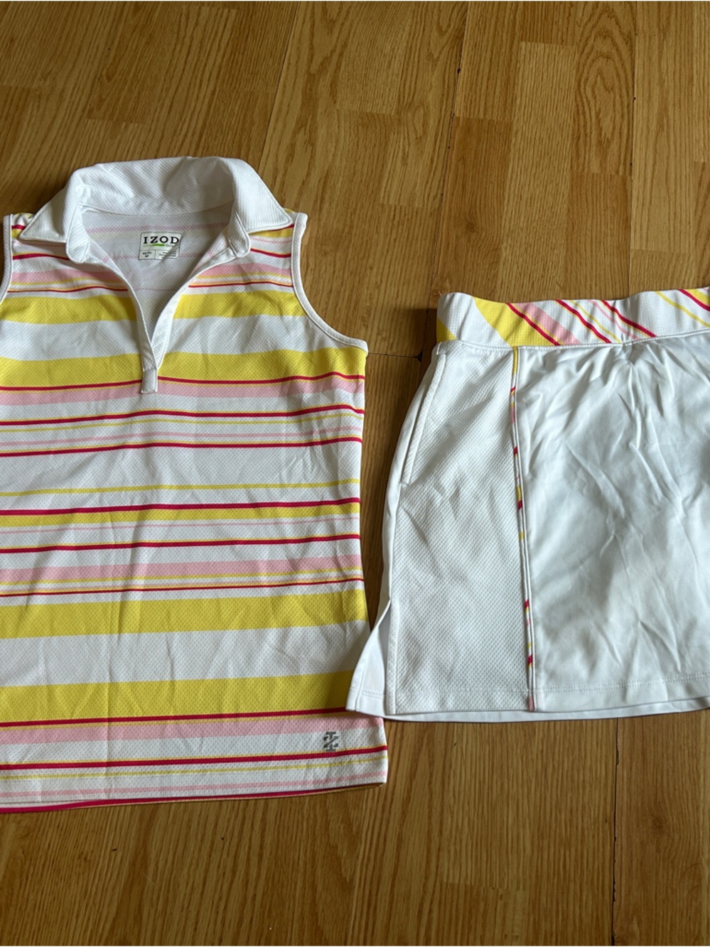Izod White Yellow Pink Striped Sleeveless Polo Tank & Skort Set
